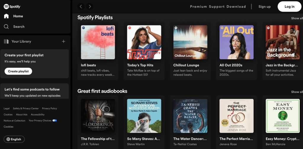 Spotify home page screenshot