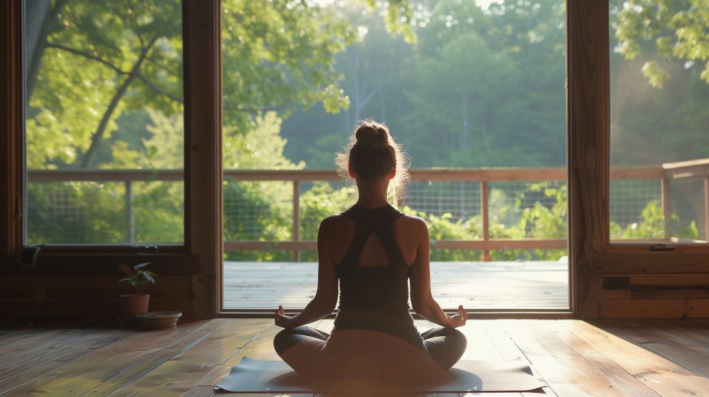 A person in a yoga pose meditating in a serene studio or outdoor yoga session showcasing the connection between physical movement breath and mindfulnes
