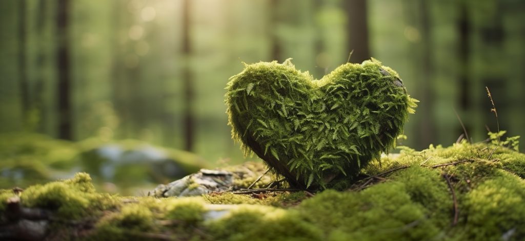 Closeup of wooden heart on moss. Natural burial grave in the woods. Generative AI