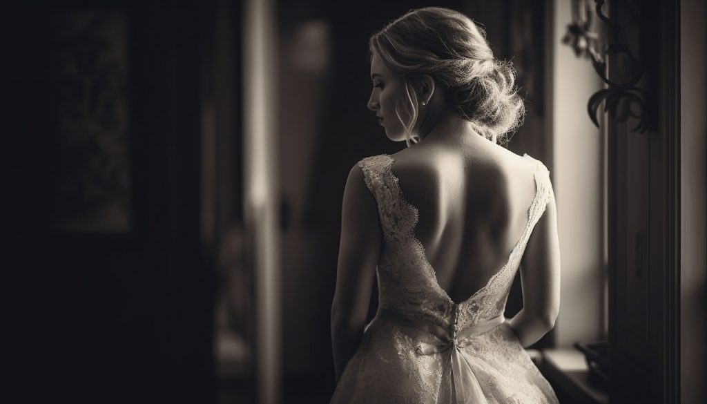 Elegant bride in monochrome dress exudes sensuality generated by artificial intelligence