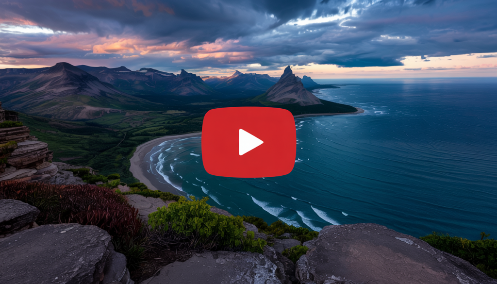 Mountain and ocean sunset view with a YouTube play button overlay, indicating a video or premiere.
