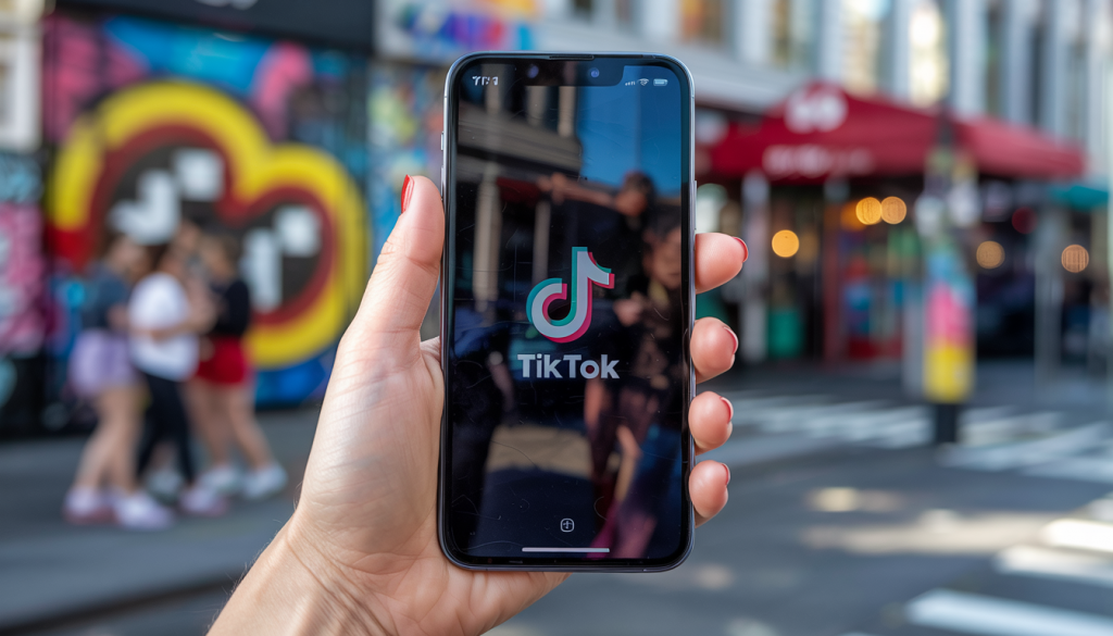 A person holding a phone with the TikTok app open, with a colorful urban street scene in the background.