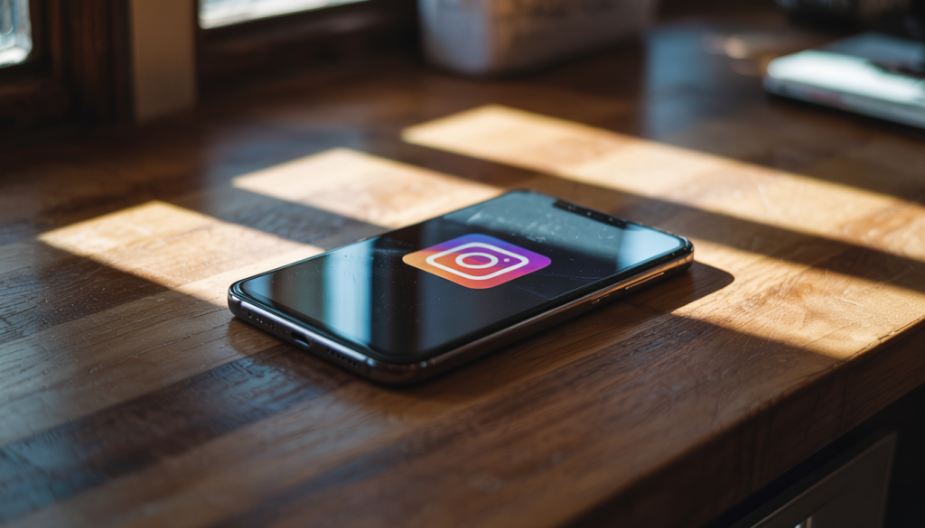 A smartphone lying on a wooden table with the Instagram app open.