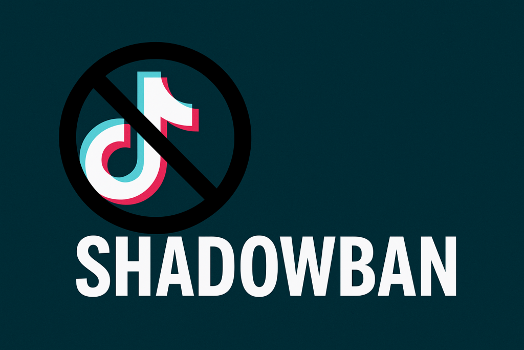 A TikTok logo crossed out with a shadowban warning on a dark teal background.