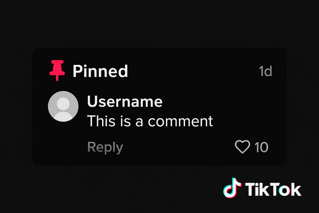 TikTok comment section showing a pinned comment with username, text, like count, and reply option.
