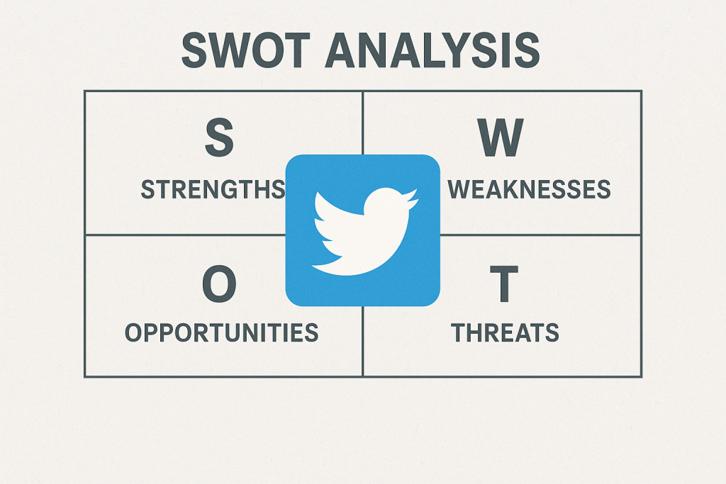 SWOT analysis chart for Twitter highlighting strengths, weaknesses, opportunities, and threats.