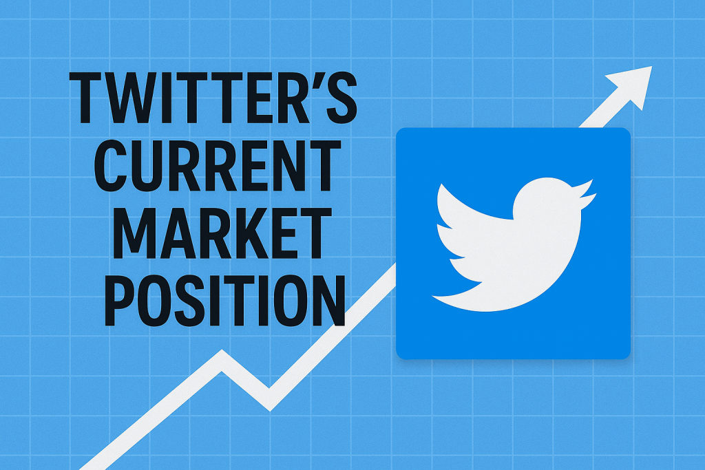 Twitter market position graphic with logo, upward trend arrow, and bold text on a blue grid background.