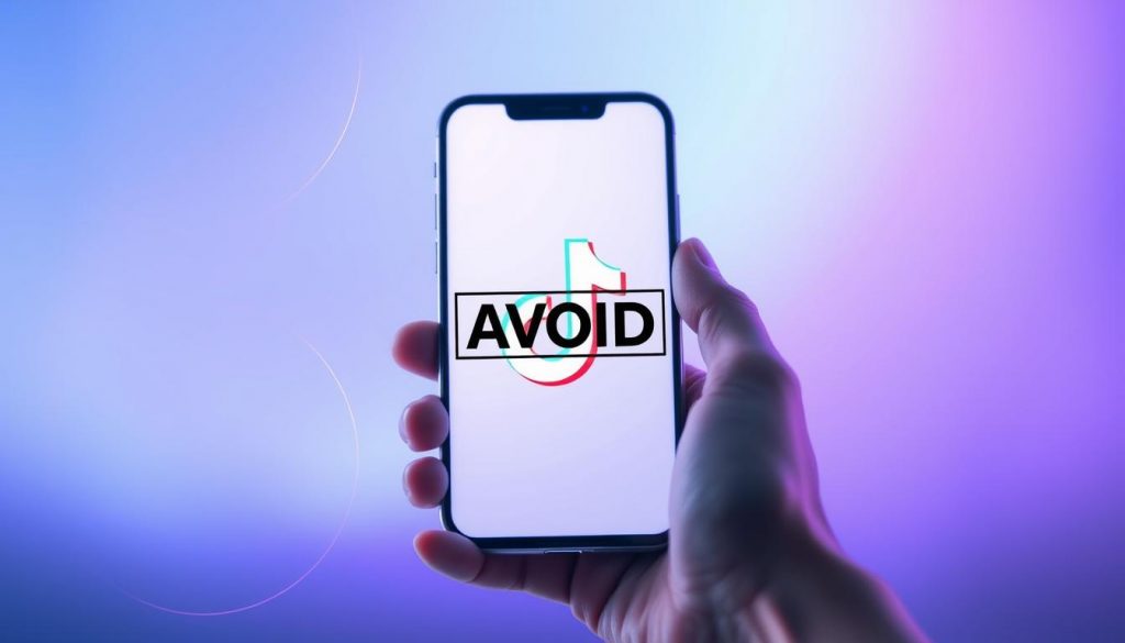 A hand holds a phone showing the TikTok logo with "AVOID" over it, suggesting a warning about TikTok shadowbans.