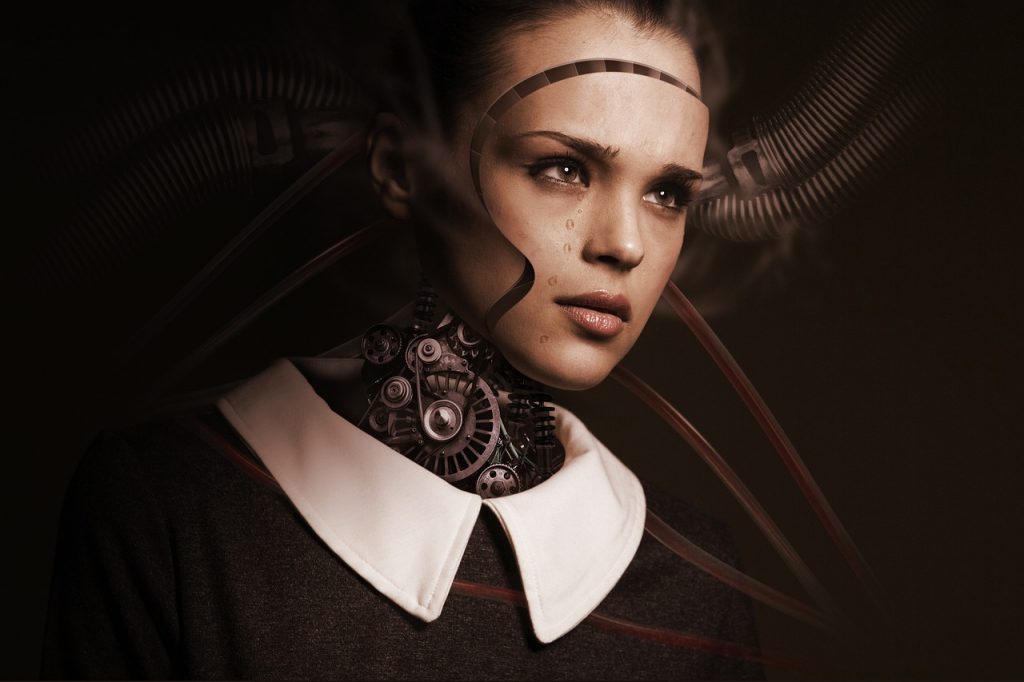A close-up of a robot with a woman’s face