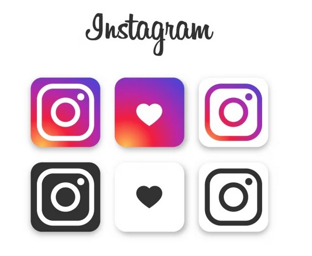 Instagram-themed icons showing colorful and monochrome versions of the Instagram logo and heart symbols.