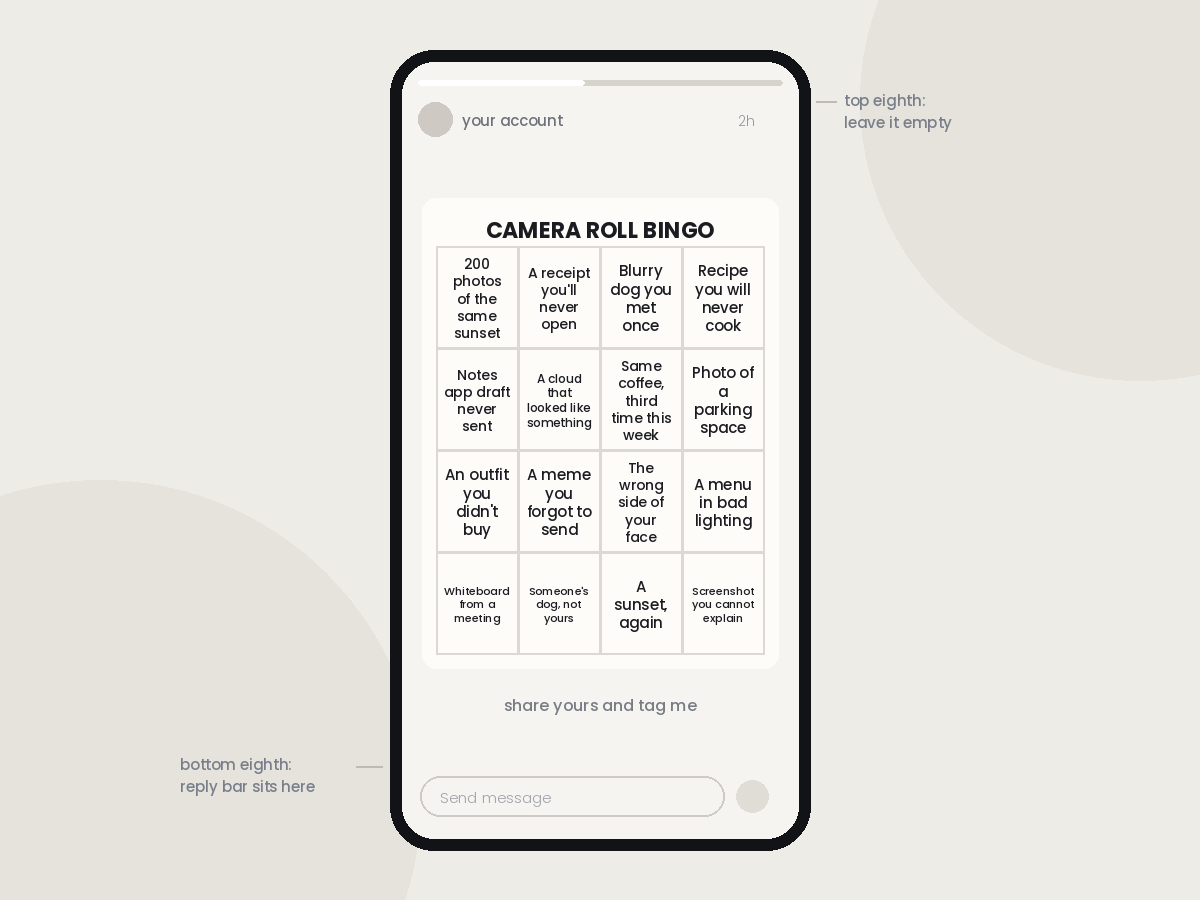 Instagram bingo card displayed in a Story on a phone screen