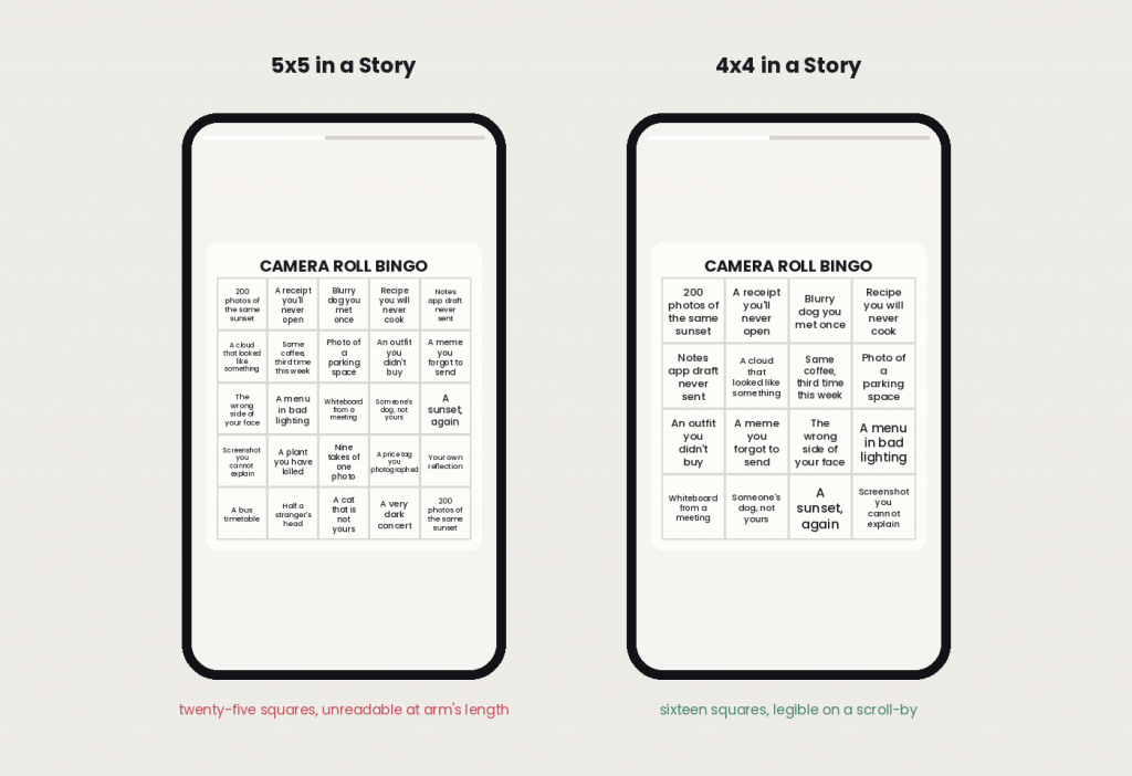 5x5 versus 4x4 bingo grid readability on a phone