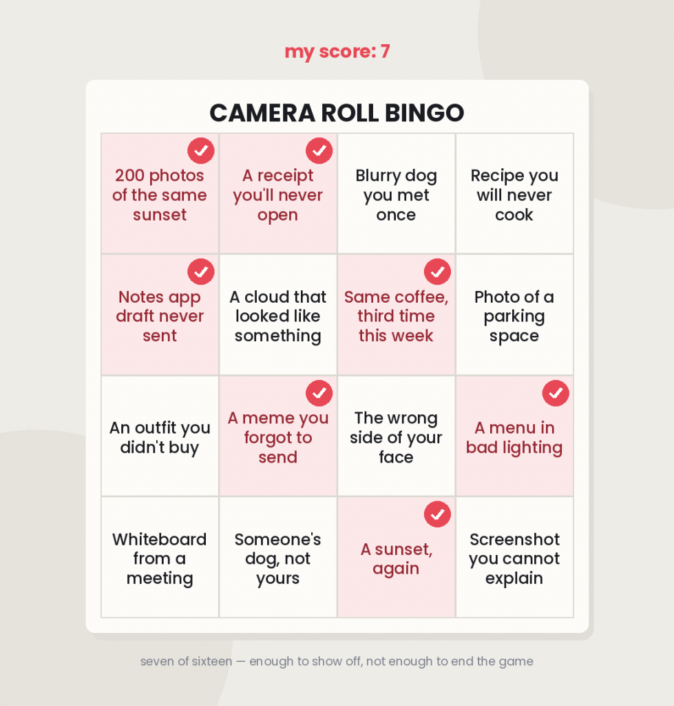 Filled-in camera roll bingo card with marked squares